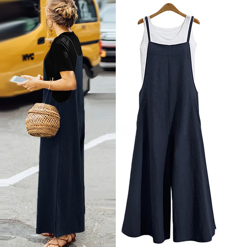Summer Cotton Linen Jumpsuit – Loose Wide Leg Overalls with Adjustable Straps