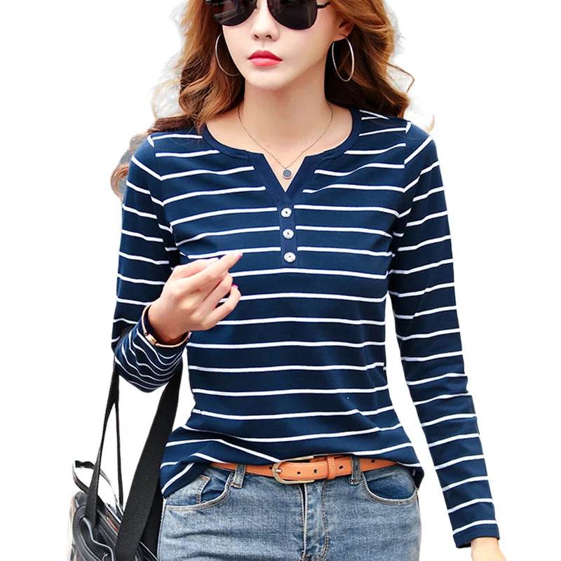 Striped Cotton V-Neck Long Sleeve T-Shirt – Casual Spring/Autumn Tee for Women - Stylemein
