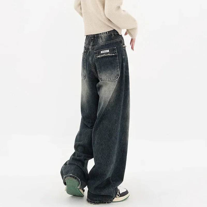 Women's Baggy Straight Leg Jeans: Deep Blue High Waisted Vintage Denim for Fall - Stylemein