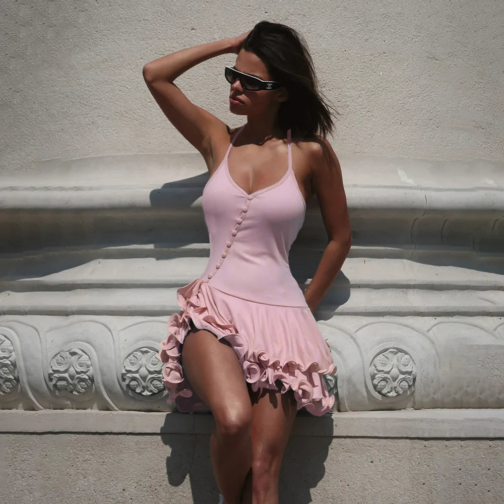 Women’s A-Line Bodycon Mini Dress – V-Neck Long Sleeve Short Dress with Ruffle Hem & Asymmetrical Buttons