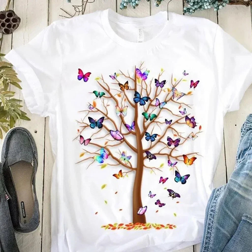 Gothic Butterfly Tree Print Harajuku T-Shirt – Women’s Round Neck Summer Casual Top
