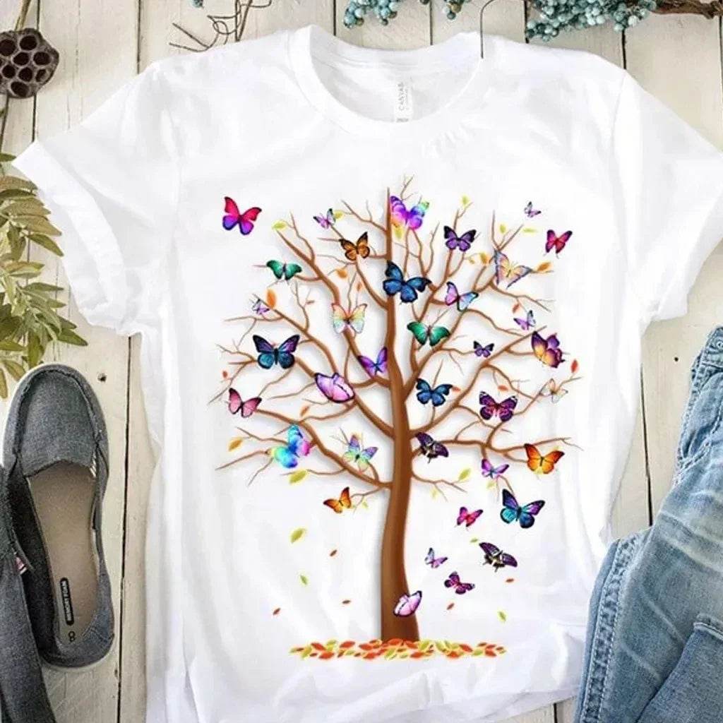 Stylemein - Gothic Butterfly Tree Print Harajuku T-Shirt – Women’s Round Neck Summer Casual Top