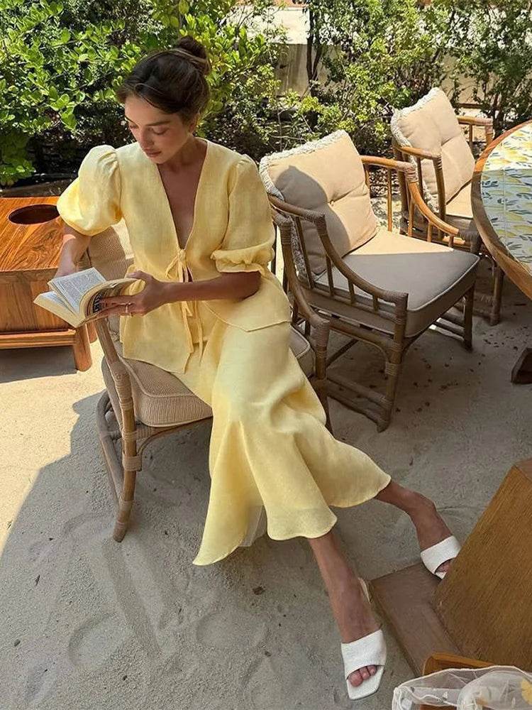 Two-Piece Puff Sleeve Top & Maxi Skirt Set – Women's Elegant Outfit - Stylemein