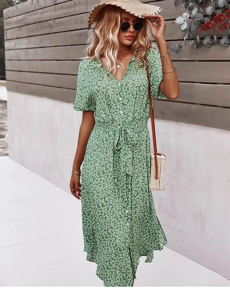 Floral V-Neck Midi Dress – Summer Casual Short Sleeve Dress - Stylemein