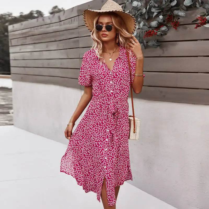 Floral V-Neck Midi Dress – Summer Casual Short Sleeve Dress - Stylemein