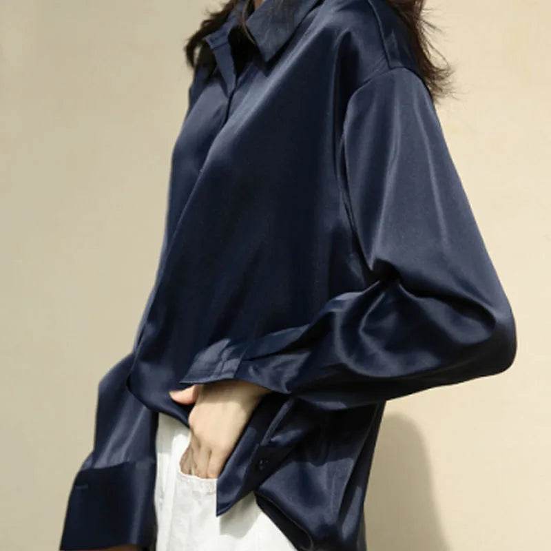 Elegant Satin Loose Fit Women's Shirt – Turn-Down Collar Casual Button Blouse for Spring and Autumn - Stylemein