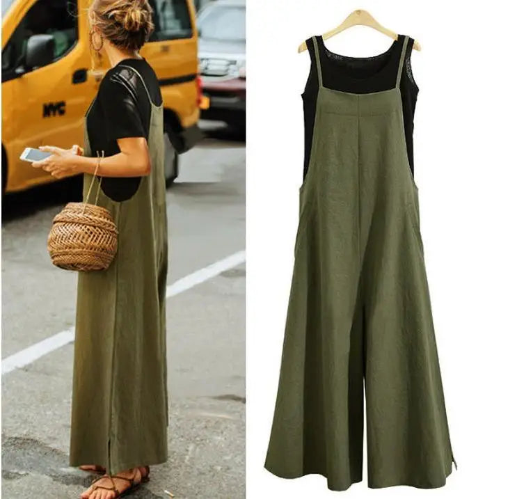 Summer Cotton Linen Jumpsuit – Loose Wide Leg Overalls with Adjustable Straps