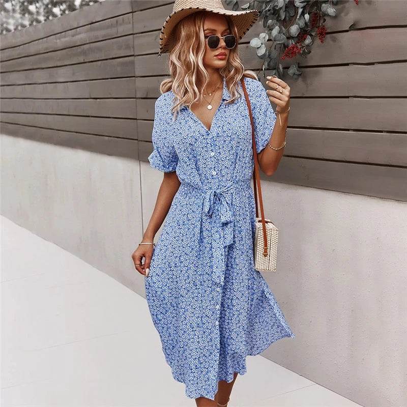 Floral V-Neck Midi Dress – Summer Casual Short Sleeve Dress - Stylemein