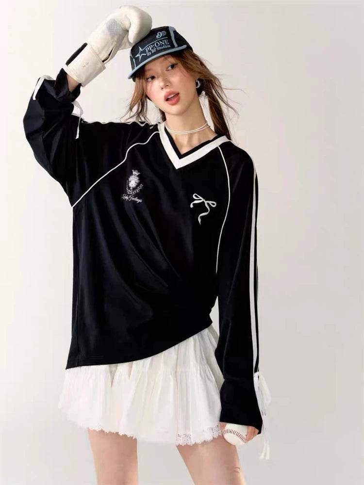 Oversized V-Neck Jersey Graphic Tee – Vintage Y2K Long Sleeve Sports Top for Women - Stylemein