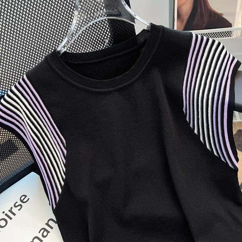 Contrast Color Ice Silk T-Shirt – Loose Knit Summer Top for Women - Stylemein
