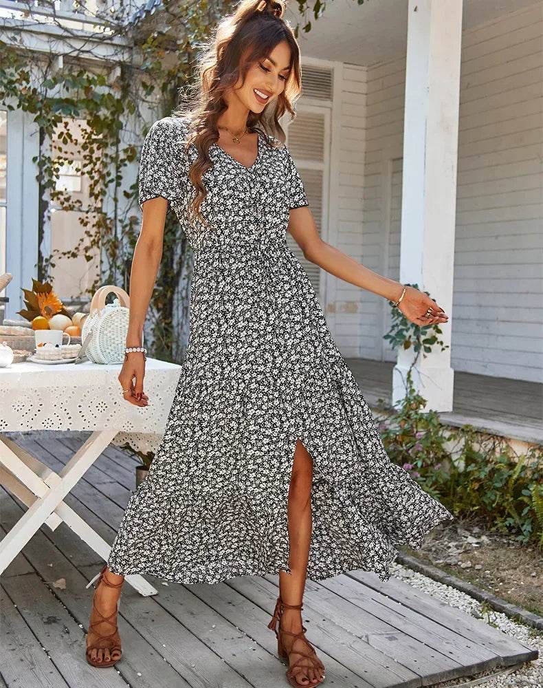 Chic Vintage Floral Summer Dress: Elegant High Waist Slit Maxi for Women - Stylemein