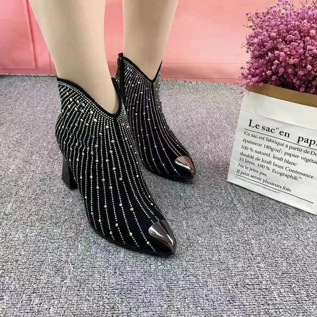 Meteor Rhinestone High Heel Cowboy Boots – Black Pointed-Toe Platform Boots for Women - Stylemein