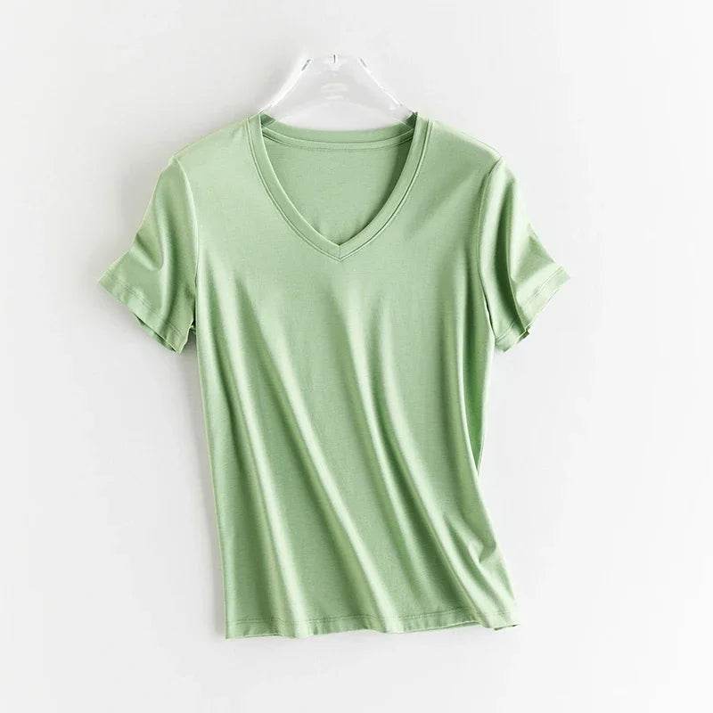 Luxury Silk & Mercerized Cotton Women’s T-Shirt – Short Sleeve Silky Feel V/O-Neck Summer Top - Stylemein