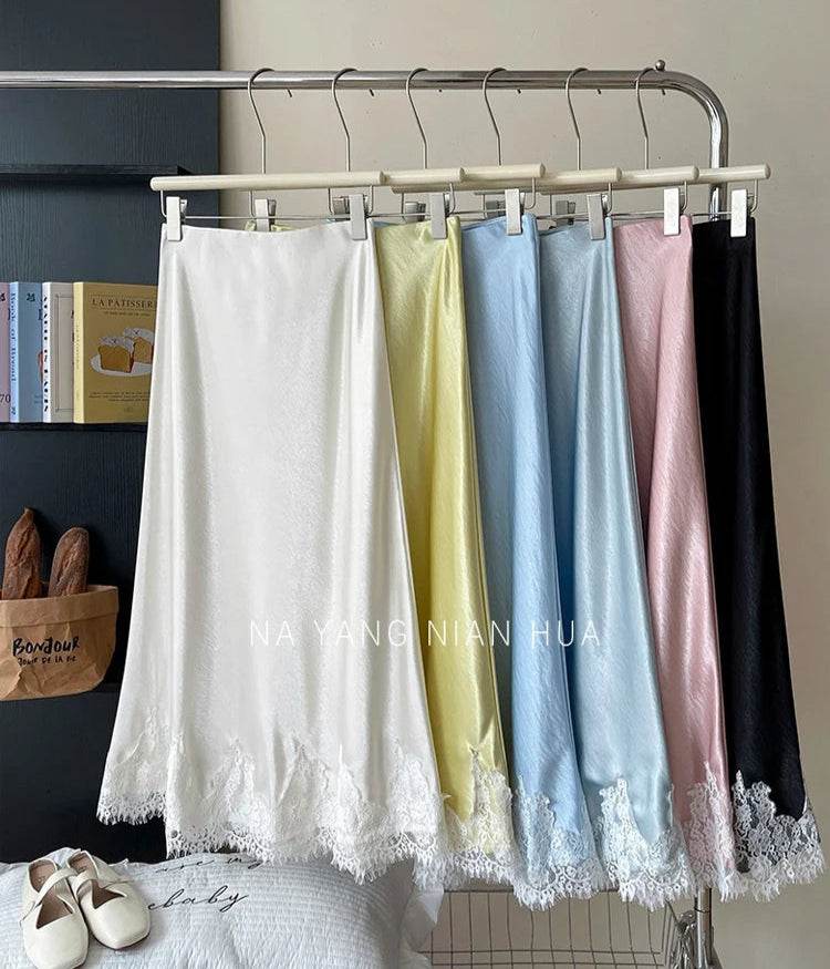 Elegant Satin Mermaid Skirt – Lace Patchwork A-Line Midi Skirt - Stylemein
