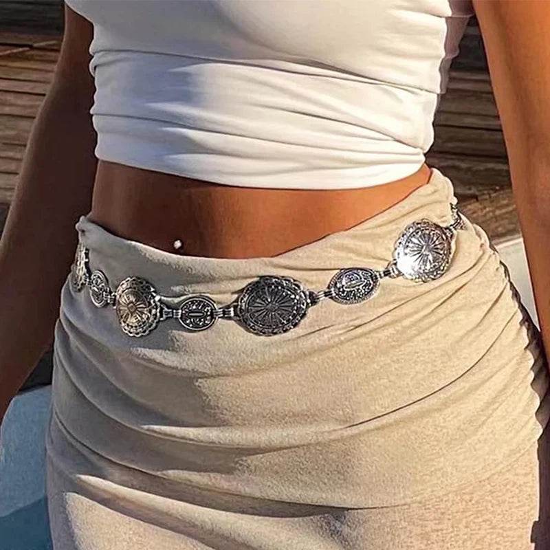 Vintage Circle Carved Metal Waist Chain: Retro Decorative Belt for Women - Stylemein