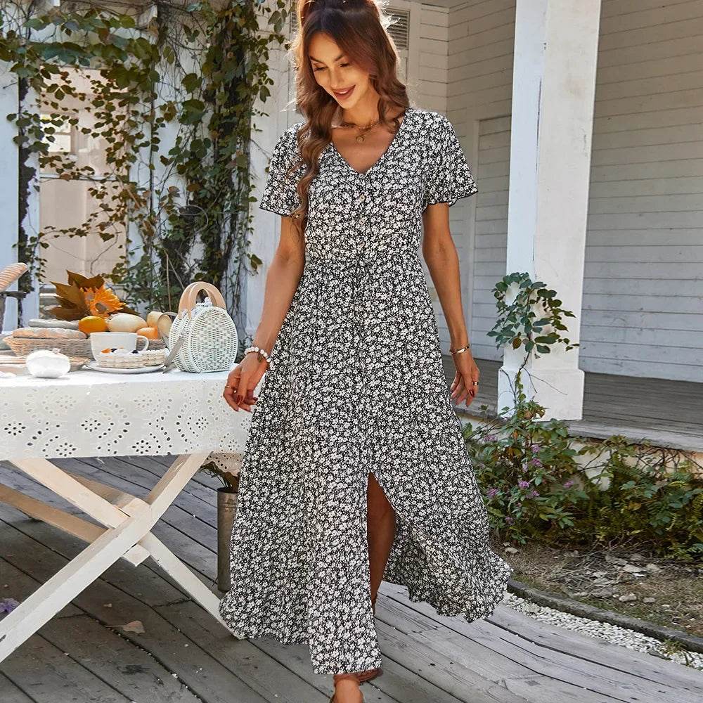 Chic Vintage Floral Summer Dress: Elegant High Waist Slit Maxi for Women - Stylemein