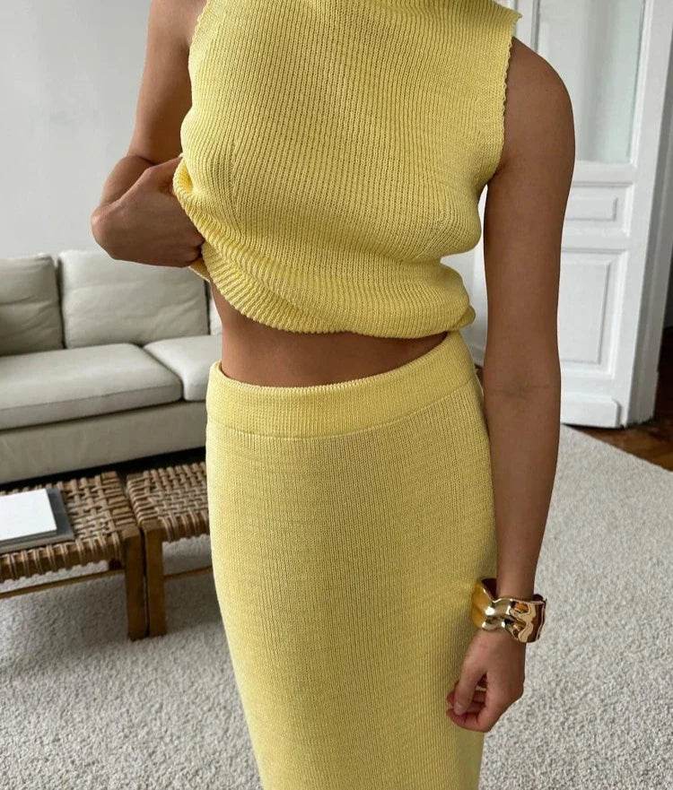 Elegant Knitted Two-Piece Skirt Set – Women’s Yellow Spring Summer Outfit - Stylemein