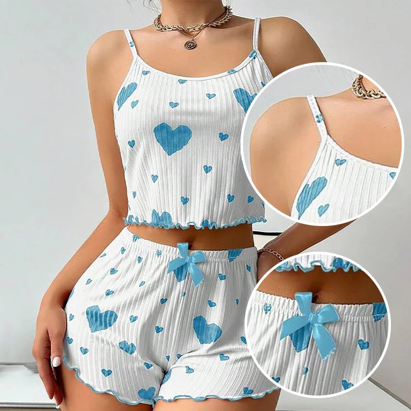 Women’s 2-Piece Pajama Set – White Love Print Tank Top & Shorts Sleepwear
