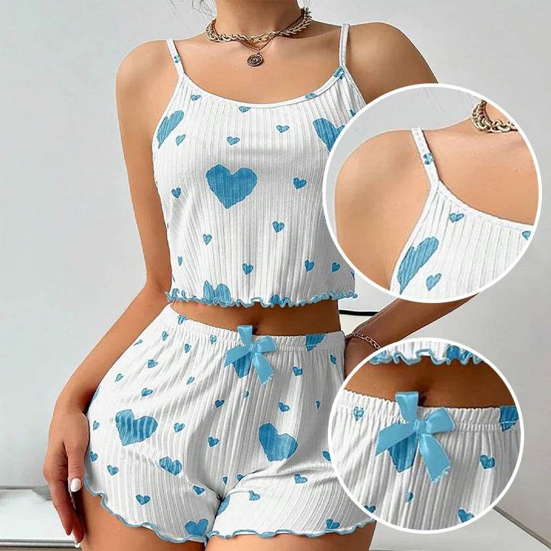 Stylemein - Women’s 2-Piece Pajama Set – White Love Print Tank Top & Shorts Sleepwear