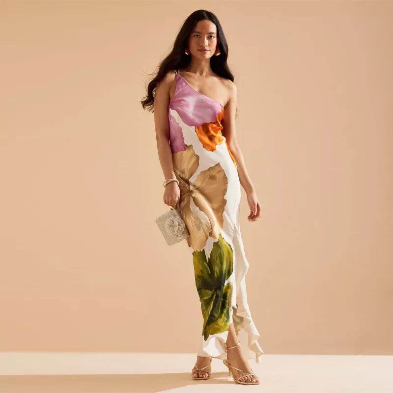 Fashion Printed Off-Shoulder Irregular Neck Cocktail Gown | Summer Party Dress with Open Fork Detail - Stylemein