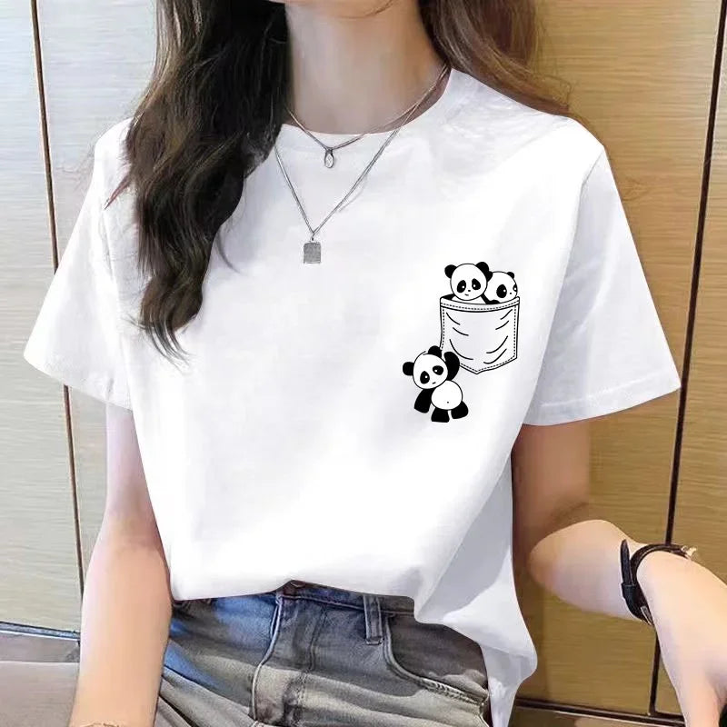Person wearing a white t-shirt with panda designs.