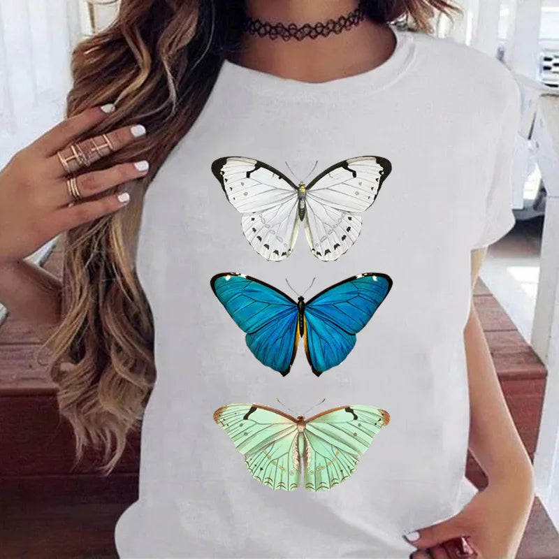 Women’s Butterfly Tree Print Harajuku T-Shirt – Black Round Neck Summer Casual Top