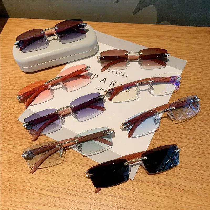 Stylemein - Rimless Wooden Pattern Sunglasses – Retro UV400 Shades for Men & Women