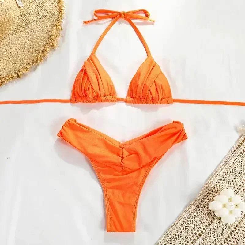 Micro Bikinis Women Halter Brazilian Bikini Set Female Pleated Swimsuit New Triangle Swimwear Beach Wear Bathing Suit - Stylemein