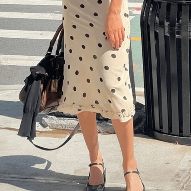 Beige Polka Dot Midi Skirt – Lettuce Trim Elegant A-line Skirt - Stylemein
