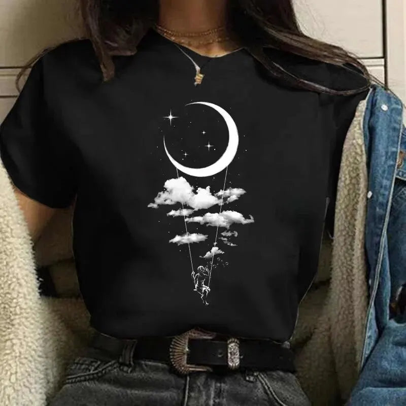 Moon Harajuku 90s Graphic T-Shirt – Cartoon Print Black Casual Kawaii Tee