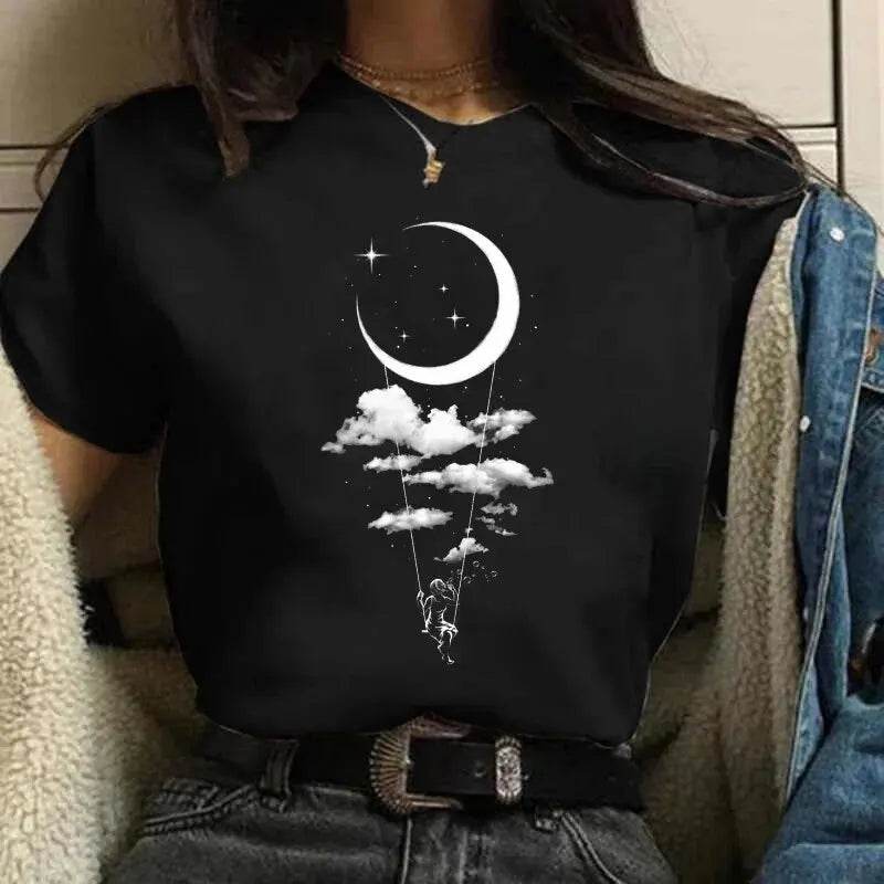 Stylemein - Moon Harajuku 90s Graphic T-Shirt – Cartoon Print Black Casual Kawaii Tee