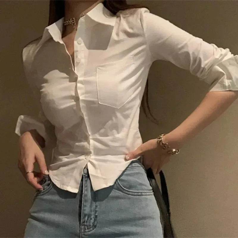 Chic White Button-Down Chiffon Shirt for Women – Long Sleeve Lapel Blouse with Pocket, Cropped Spring Top - Stylemein