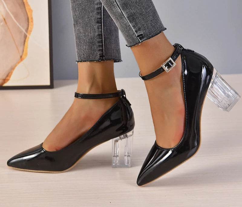 7cm Chunky Heels – Luxury Rhinestone & Pearl Chain Pumps with Pointed Toe, Bling Crystal Dress Shoes - Stylemein