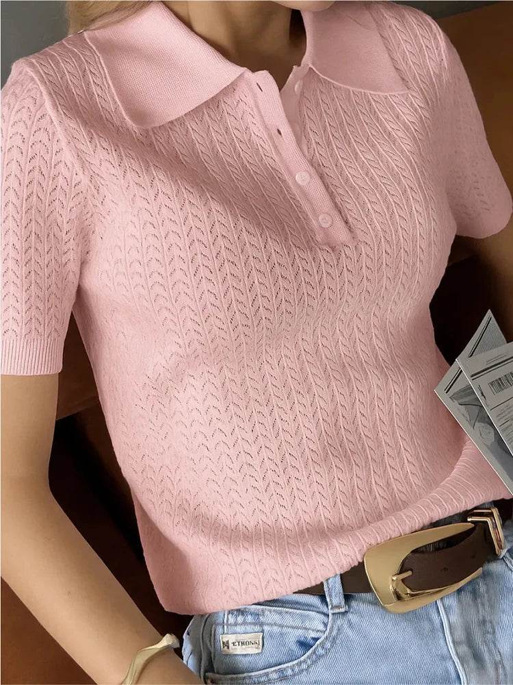 Short Sleeve Knit T-Shirt – Casual Lapel Pullover Top for Women - Stylemein
