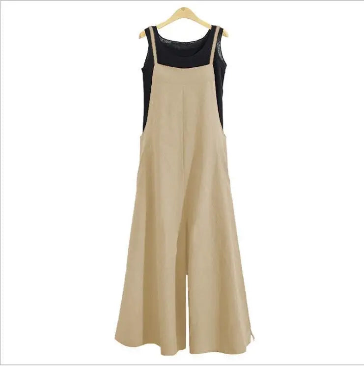 Summer Cotton Linen Jumpsuit – Loose Wide Leg Overalls with Adjustable Straps