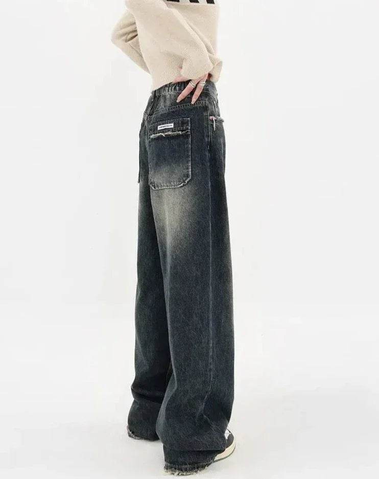Women's Baggy Straight Leg Jeans: Deep Blue High Waisted Vintage Denim for Fall - Stylemein