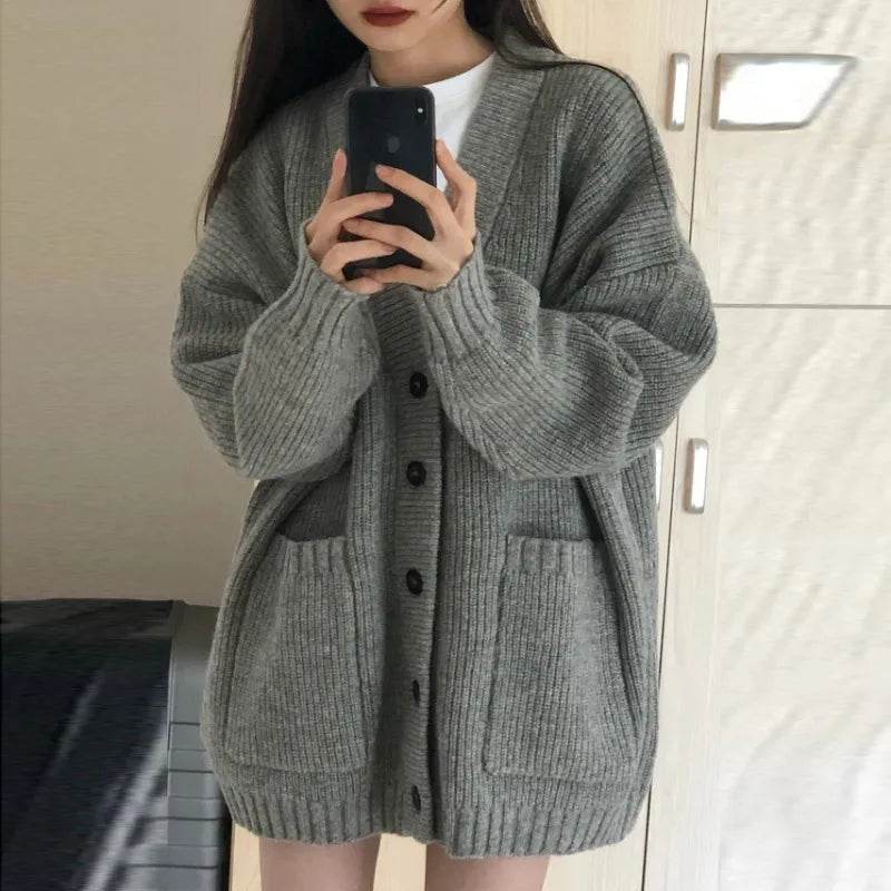 V-Neck Knit Cardigan – Loose Fit Long Sleeve Sweater Jacket - Stylemein