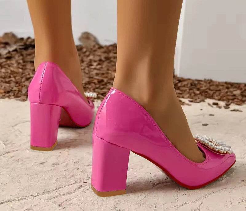 Baby Pink Pearl Crystal Pumps – Chunky Heel Dress Shoes with Buckle, Size 35–53, Luxury Style for Adults & Teens - Stylemein