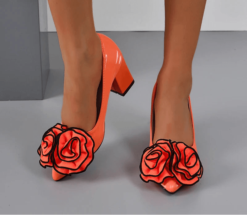 7cm Square Heels – Orange Rose Flower Pumps, Pointed Toe Dress Shoes, Size 30–50 - Stylemein