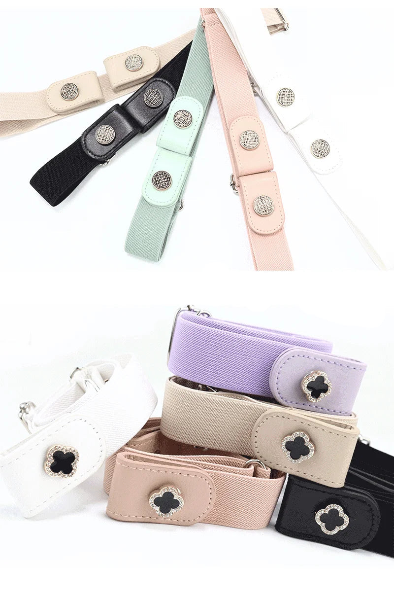 A group of students wearing the invisible belt with different outfits, showcasing its versatility.