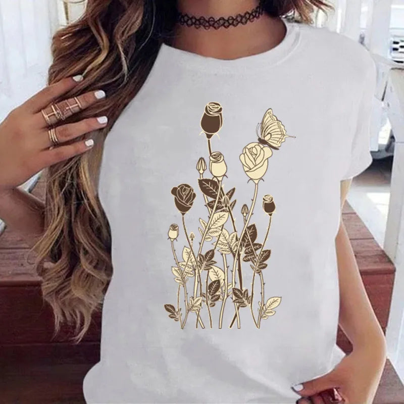 Women’s Butterfly Tree Print Harajuku T-Shirt – Black Round Neck Summer Casual Top