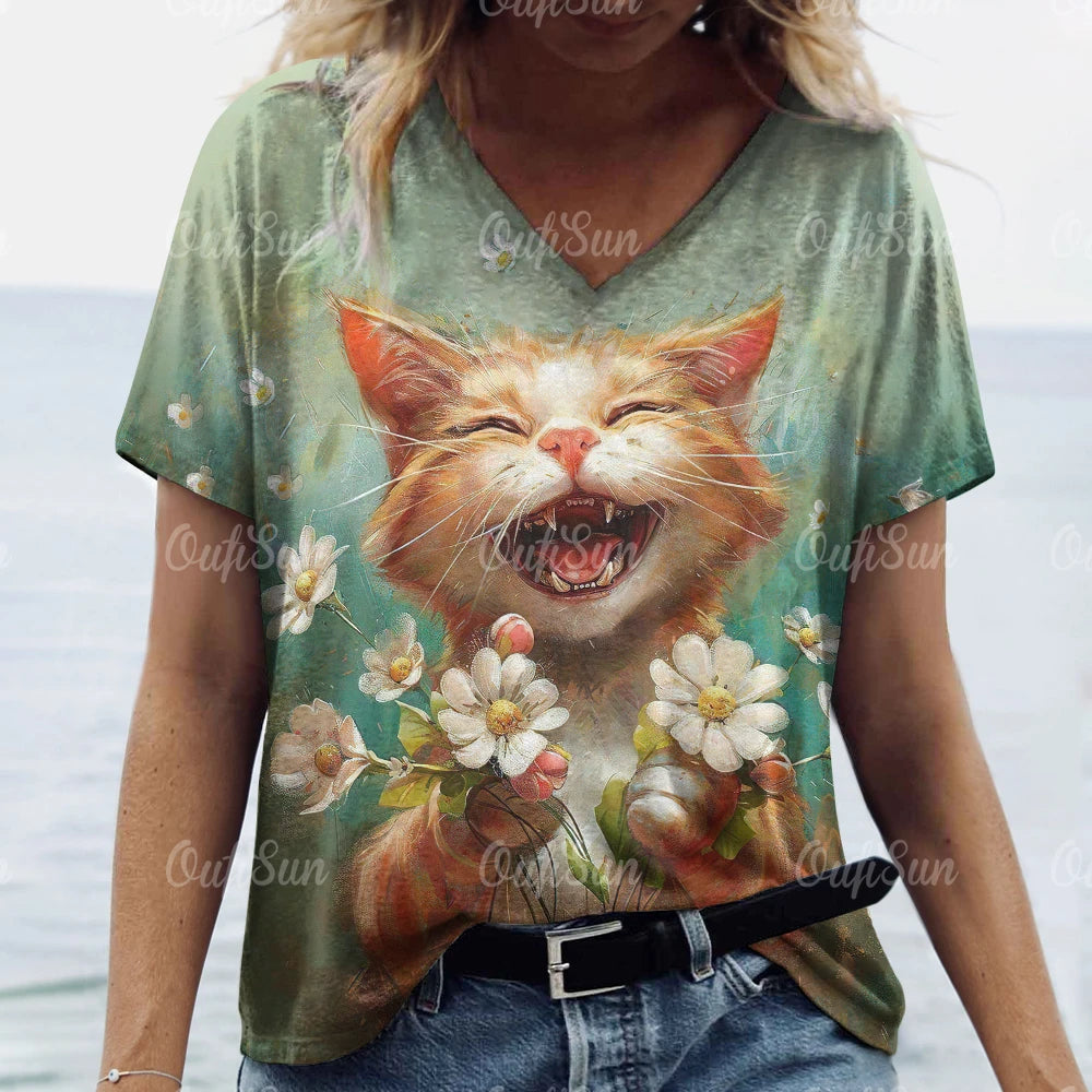 Women’s Oversized Cat Print T-Shirt – Casual Summer Streetwear Top