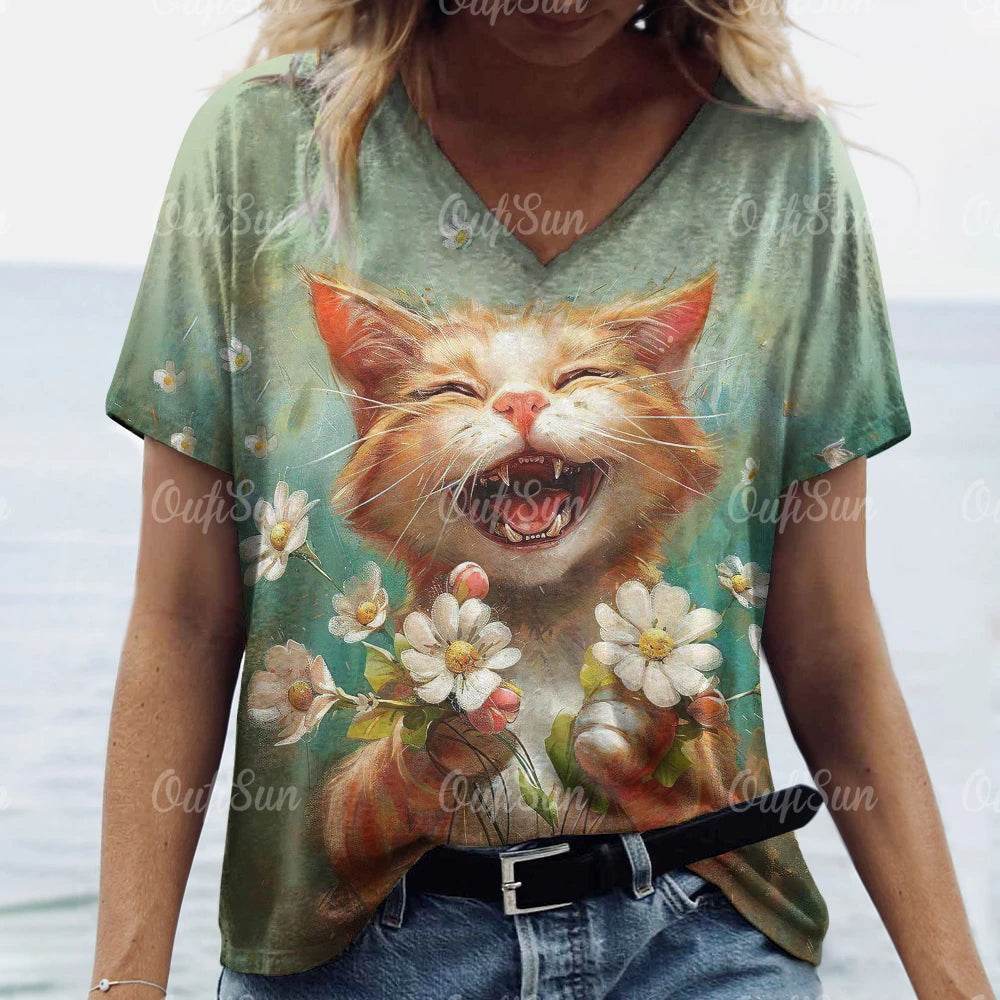 Stylemein - Women’s Oversized Cat Print T-Shirt – Casual Summer Streetwear Top