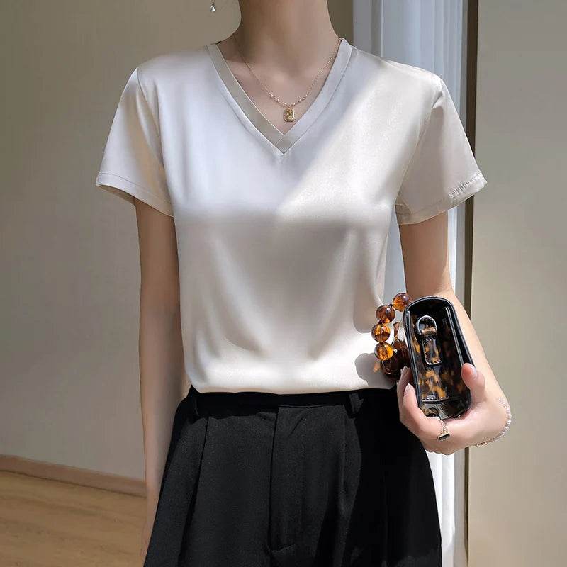 Elegant Satin Silk V-Neck Women's T-Shirt – Short Sleeve Solid Basic Top for Summer - Stylemein