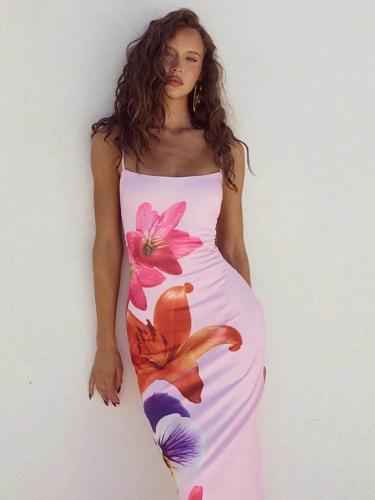 Sexy Floral Print Sleeveless Backless Bodycon Maxi Dress for Women | Elegant Club & Party Outfit - Stylemein