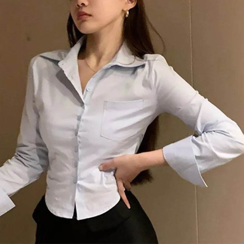 Chic White Button-Down Chiffon Shirt for Women – Long Sleeve Lapel Blouse with Pocket, Cropped Spring Top - Stylemein