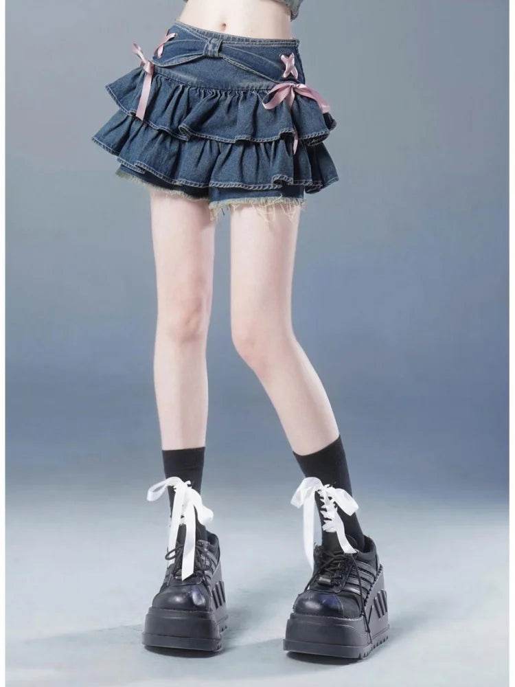 Blue Pleated Denim Mini Skort – A-Line Bow Detail Short Skirt - Stylemein