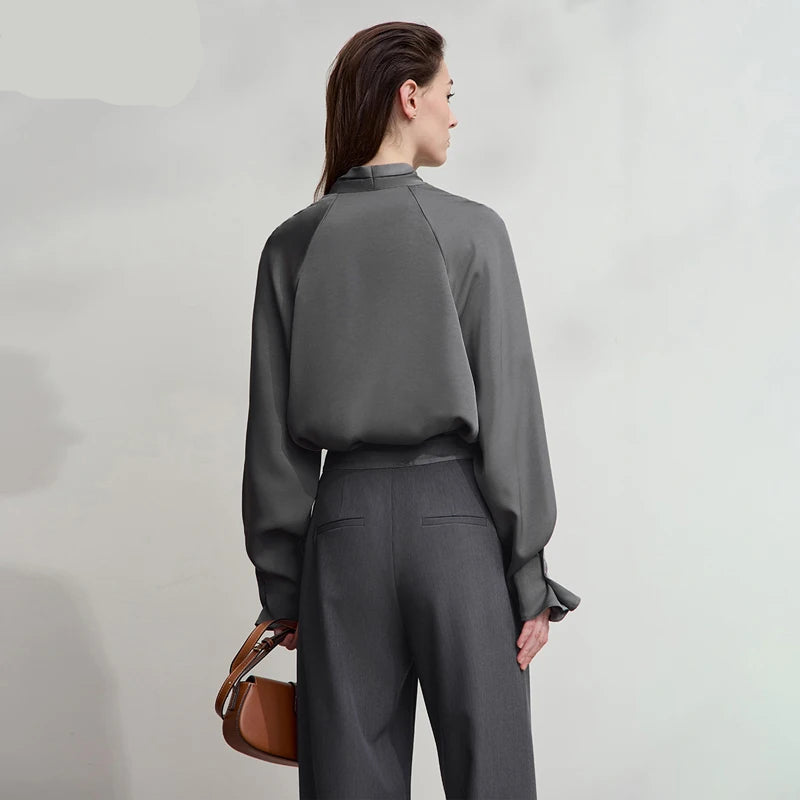 Elegant V-Neck Blouse – Loose Long Sleeve Autumn Top