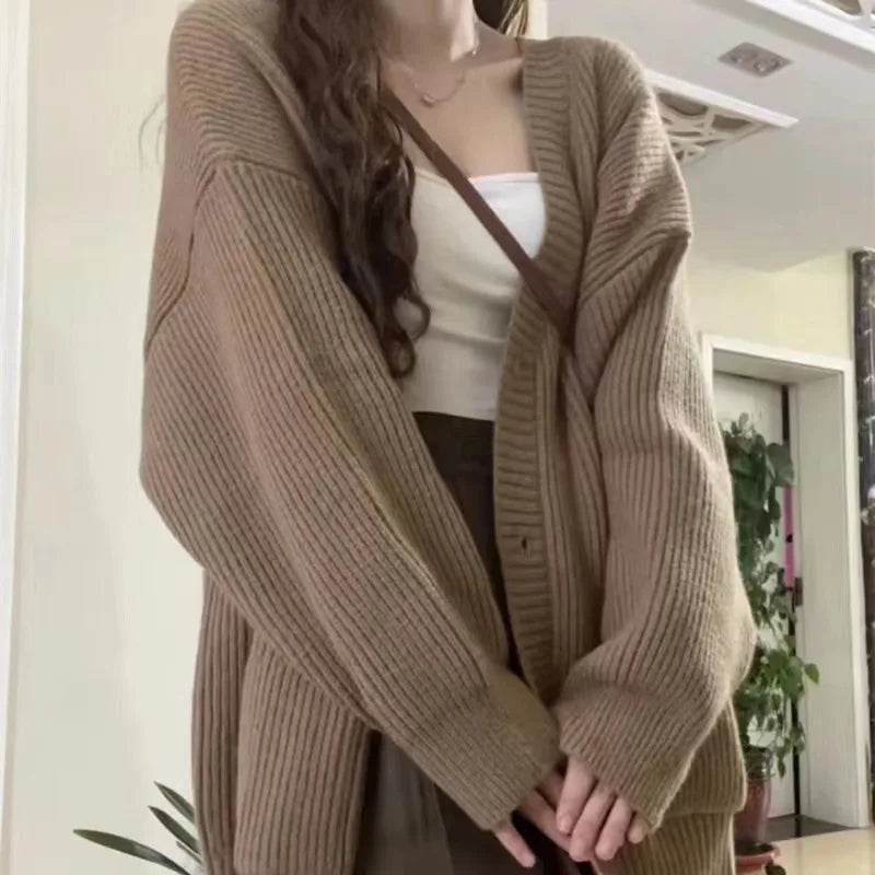 V-Neck Knit Cardigan – Loose Fit Long Sleeve Sweater Jacket - Stylemein