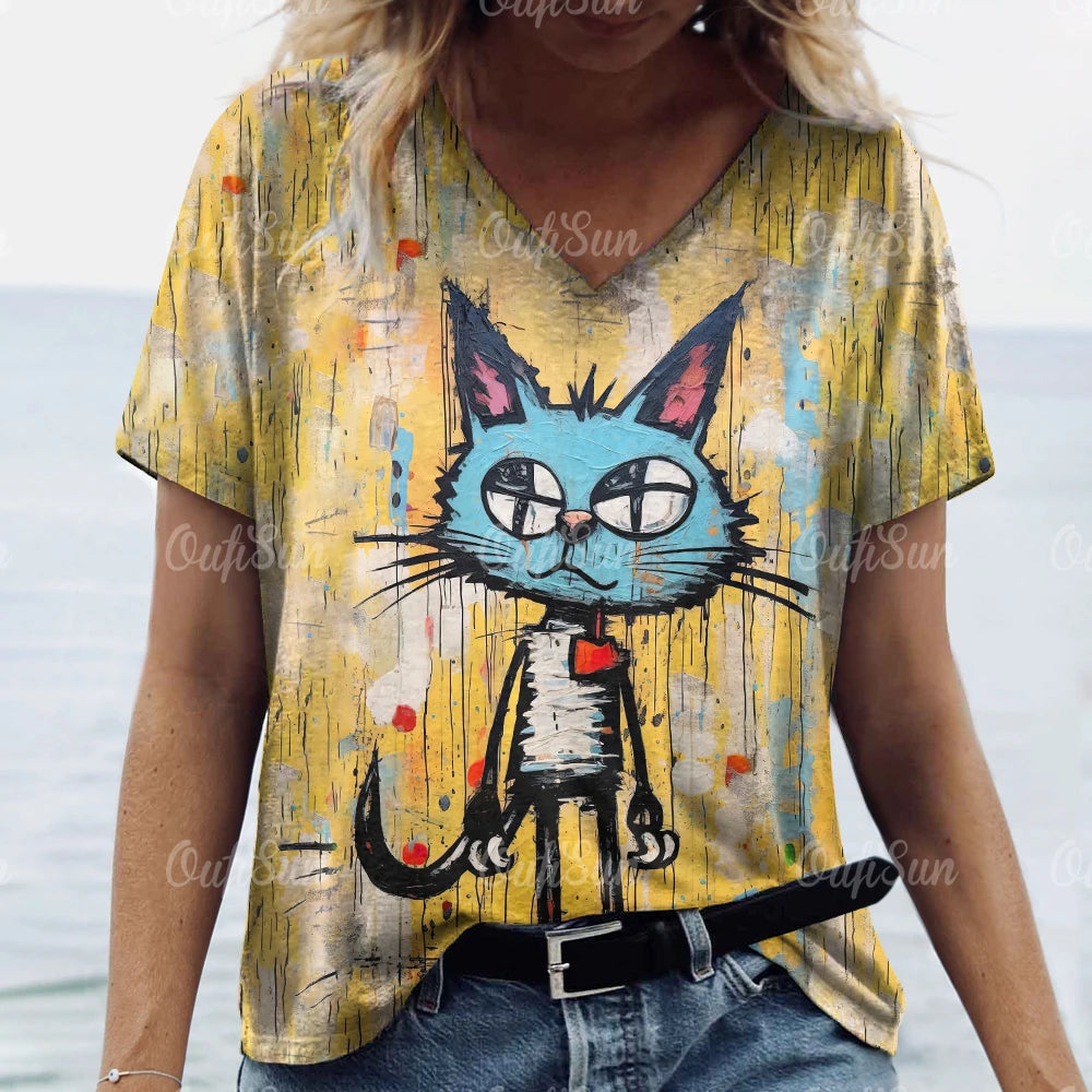 Women’s Oversized Cat Print T-Shirt – Casual Summer Streetwear Top